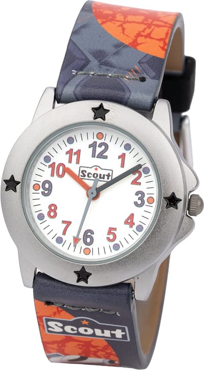 Scout Kinderuhr analog aus der Serie "Star Kids" mit orange schwarzem Kunstlederband, Weltraum-Motiven und Quarzwerk