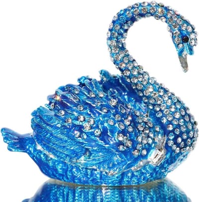 Zwaan Sieraden Doosje - Handgeschilderd Figuurtje - Sieraden Opbergen - Met Kristallen - 9 cm Breed - Blauw