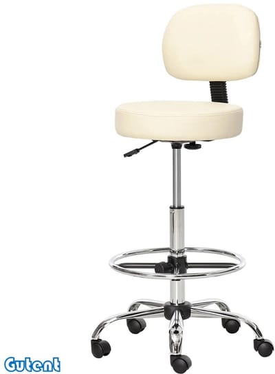 Gutent Barkruk - In hoogte verstelbaar - Op wielen - Kunstleer - 360° draaibaar - Met rugleuning - Beige - 56 x 57 x 104-127 cm