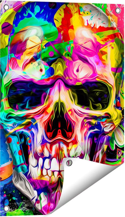 Gards Tuinposter Gekleurde Schedel - Doodskop - Doodshoofd - 40x60 cm - Tuindoek - Tuindecoratie - Wanddecoratie buiten - Tuinschilderij