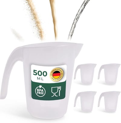 Novaliv set van 5 maatbekers 500ml, maatbeker 0,5l set transparant met duidelijke g/ml schaalverdeling voor vloeistoffen bloem & suiker, Made in Germany, vaatwasserbestendig, mengkom doseermaatbeker