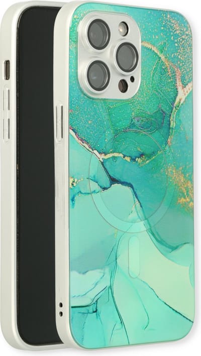 Casemania Hoesje Geschikt voor Apple iPhone 14 Pro Max - Blauw - Siliconen Marmer Back Cover - Geschikt voor MagSafe