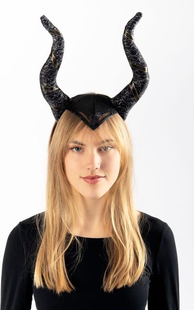 KIMU® Haarband Lange Zwarte Hoorns Heks - Lint Zilver Glitter - Diadeem Zwart Grote Horens Slechterik Duivel Maleficent - Halloween Carnaval Festival