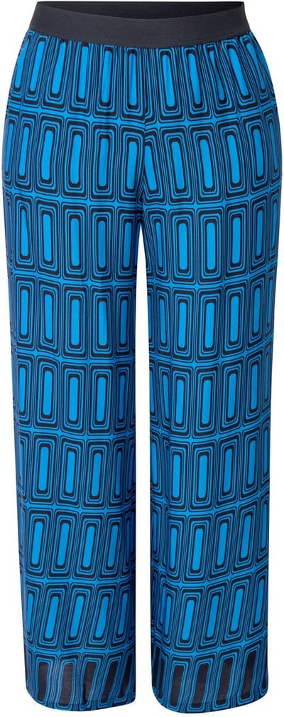 Ulla Popken - Dames - Broek grafische print wijde pijpen elastische tailleband - Koningsblauw - Maat 62+