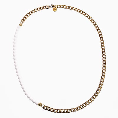 56cm x 6mm Witte Kralen Ketting Heren - Verguld Roestvrij Staal - Cubaanse Schakelketting met Agaatstenen