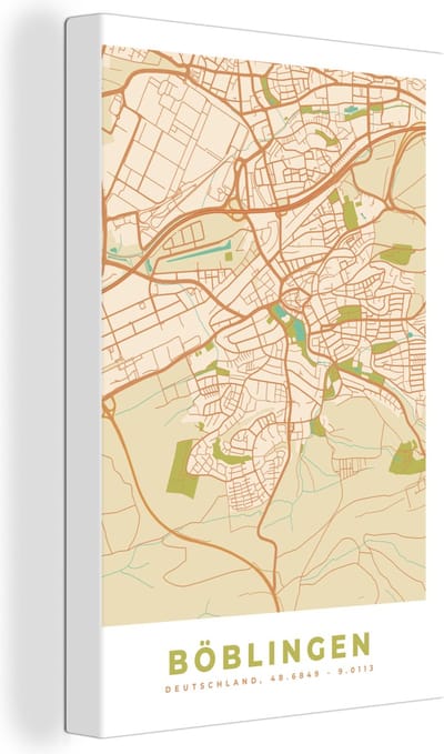 Canvas Schilderij Böblingen - Plattegrond - Kaart - Vintage - Stadskaart - 20x30 cm - Wanddecoratie