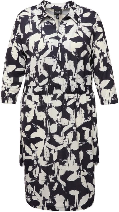 Ulla Popken - Dames - Jersey jurk bladeren overhemdkraag 3/4-mouwen - Marine - Maat 46+