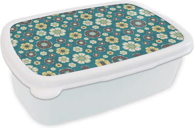 Broodtrommel Wit - Lunchbox Retro - Bloemen - Patronen - Blauw - Brooddoos 18x12x6 cm - Brood lunch box - Broodtrommels voor kinderen en volwassenen