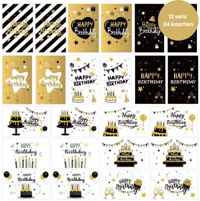 Stijlvolle verjaardagskaarten – 12 sets, 24 kaarten – met enveloppen en stickers – goud & zwart set