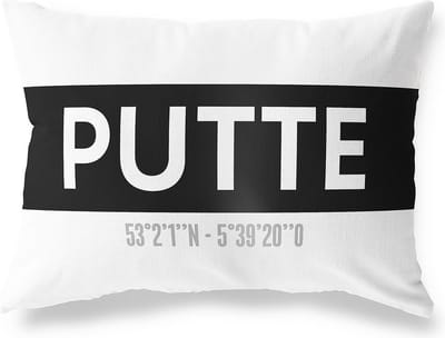 Tuinkussen PUTTE - NOORD-BRABANT met coördinaten - Buitenkussen - Bootkussen - Weerbestendig - Jouw Plaats - Studio216 - Modern - Zwart-Wit - 50x30cm