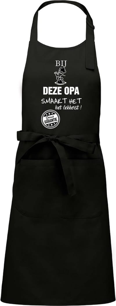 Cadeauschort - tekstschort - Keukenschort - BBQ schort - verjaardag - vaderdag - het smaakt het lekkerst bij deze Opa - zwart
