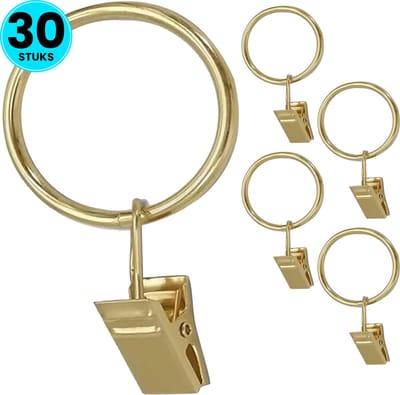 Somstyle 30x Gordijnringen met Clip - 32 mm Ringen - Gordijnhaken voor Gordijnroede - Goudkleurig