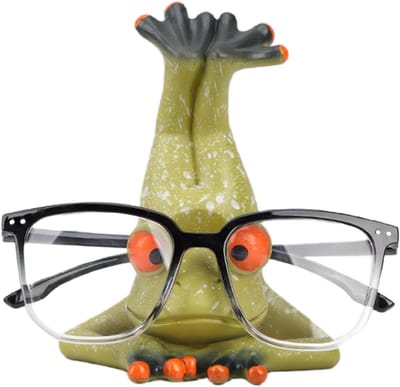 Hars brilhouder - Bril display - Bureau decoratie - Leuk kikker design - 13 cm hoog - Groen oranje