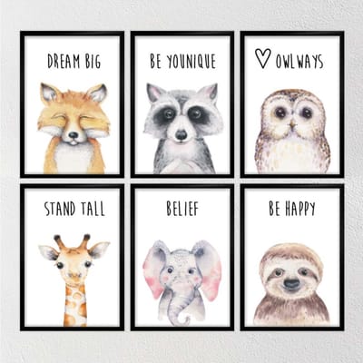 Dierenposters Babykamer A4 Set van 6 | Zelfklevende Babykamer posters Jongen en Meisje | Vos - Uil - Wasbier - Giraffe - Olifant - Luiaard| Kinderposters | Wanddecoratie kinderkamer | Cadeau / kado