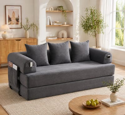 Opvouwbare modulaire stoffen bank met metalen frame - vrij te configureren loungelandschap - 2 of meer personen - donkergrijs - zijvakken voor opbergruimte - 3 comfortabele kussens inbegrepen - compact opvouwbaar frame