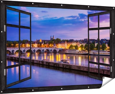 Gards Tuinposter Doorkijk Maastricht Maas Rivier bij de Sint Servaasbrug - 180x120 cm - Tuindoek - Tuindecoratie - Wanddecoratie buiten - Tuinschilderij