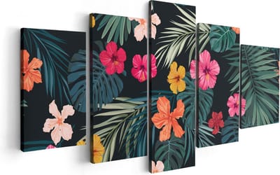 Artaza Canvas Schilderij Vijfluik Getekende Tropische Bloemen - Abstract - 100x50 - Foto Op Canvas - Canvas Print