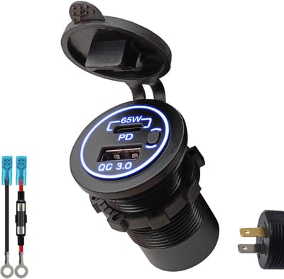 ProRide 12V USB/USB C Stopcontact 2 Poorten Inbouw met Schakelaar - 65W/QC3.0 - met Aansluitkabel 60cm en Glaszekering 10A