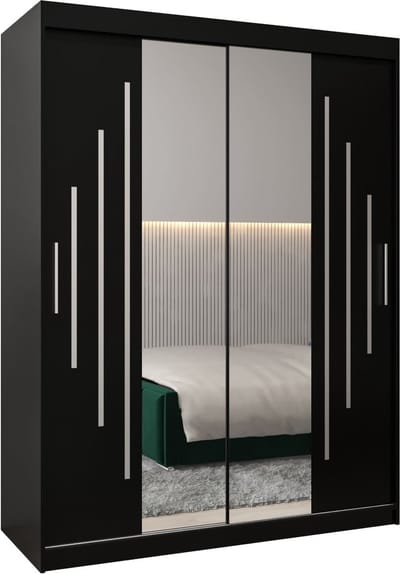 InspireMe - Kledingkast met 2 schuifdeuren, Modern-stijl, Een kledingkast met planken en een spiegel (BxHxD): 150x200x62 - MALTESE I 150 Zwart Mat