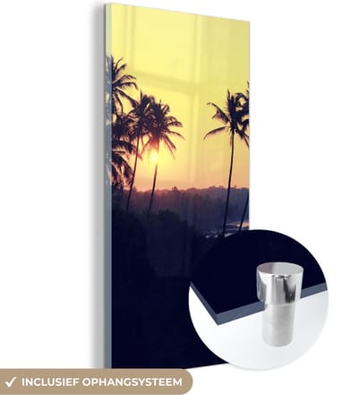MuchoWow® Glasschilderij 20x40 cm - Schilderij acrylglas - Zee - Palmboom - Avond - Landschap - Foto op glas - Schilderijen