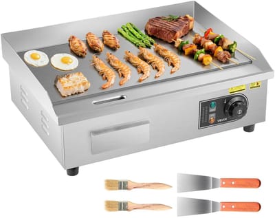 Velmio Elektrische Bakplaat - Teppanyaki Bakplaat - Grillplaat - Elektrische Grill - Grill apparaat RVS - 1600 W/3200 W - 50℃ tot 300℃ - Voor Professioneel en Thuisgebruik - Inclusief 2 Spatels & Kwastjes
