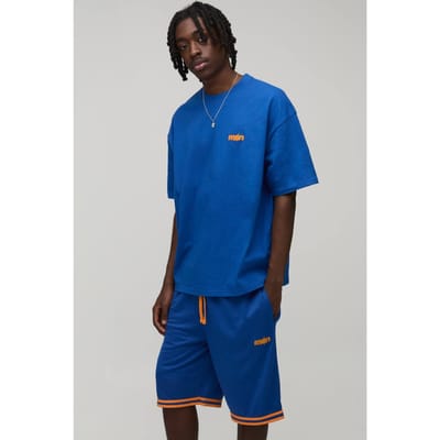 Heren Ster Applicatie Oversized T-shirt & Basketbalshort Set | Blue | Size XS