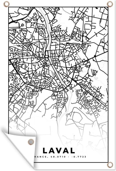 Muurdecoratie Kaart - Plattegrond - Laval - Frankrijk - Stadskaart - Zwart wit - 120x180 cm - Tuinposter - Tuindoek