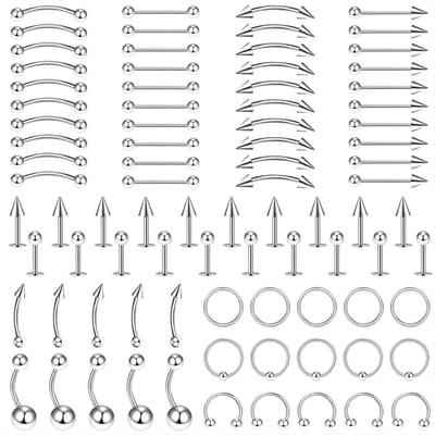 Piercingring van staal, lichaamspiercing kit, ringen, klinknagels voor navel lichaam, tong, neus, oren, lippen, gebogen barbell voor vrouwen en mannen, 85 stuks