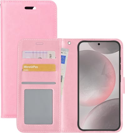 Hoesje - Met Pasjeshouder - Geschikt voor Samsung Galaxy S24 - Luxe Bookcase Portemonee - Flip Case - Kunstleer Book Case - Flipcase - Book Cover - Walletcase - Portemonneehoes - Lichtroze