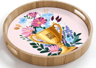Dienblad rond 40x40 cm - Schootdienblad hout - Trofee - Best Mom - Bloemen - Kleurrijk - Borrelplank rechthoek - Plateau houten dienbladen