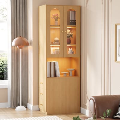 Boekenkast 60x40x200 cm met zijlades - hoge kast met gehard glazen vitrine en LED-verlichting - opvouwbaar van links naar rechts - eik