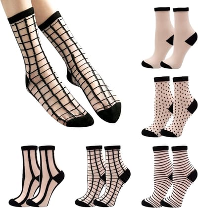 5 Stuks - Dames Transparante Kanten Visnet Sokken - Dunne Nylon Enkelsokken - Comfortabel Elastisch - Zwarte Zomer Sokken - Eén Maat Geschikt Voor Schoenmaat 15-25 - Modieuze Dameskleding Accessoire | Cyslmuk®
