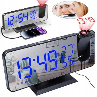 HAUSS SPOLE Digitale Wekker-LED Spiegelradio Met Projectie-Voor Slaapkamer En Reizen-Multifunctioneel En Oplaadbaar-18.3x7.5cm-ABS-Blauw
