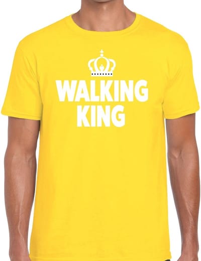 Walking King t-shirt geel heren - feest shirts heren - wandel/avondvierdaagse kleding S