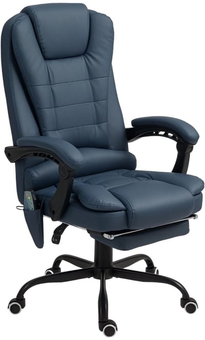 OKWISH Bureaustoelen - Ergonomische Bureaustoel Met Massage - 7 Vibratiezones en Verstelbare Voetsteun - Voor Werkuren en Homeoffice - 67×67×121 cm - Leer - Blauw