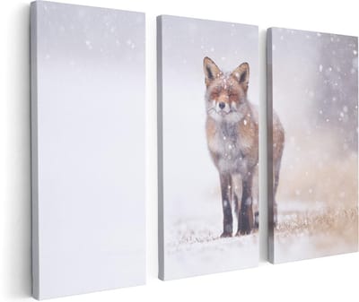 Artaza Canvas Schilderij Drieluik Vos in de Sneeuw - 120x80 - Foto Op Canvas - Canvas Print