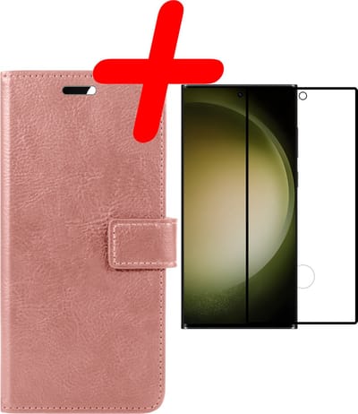Hoesje Met Screenprotector - Geschikt voor Samsung Galaxy S23 Ultra - Luxe Pasjeshouder - Bookcase Portemonee - Flip Case - Kunstleer Book Case - Flipcase - Book Cover - Walletcase - Portemonneehoes - Rosé goud