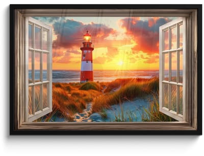 Poster in lijst - Fotolijst 90x60 cm - Posters - Doorkijk - Raam - Vuurtoren - Zonsondergang - Strand - Posterlijst zwart - Decoratie - Wanddecoratie woonkamer - Muurdecoratie slaapkamer