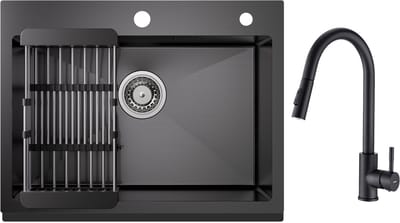 CECIPA max Handgemaakte RVS Spoelbak - Met keukenkraan met uittrekbare uitloop - Spoelbak Antraciet 60x45CM - Spoelbak Keuken Met Afdruiprek - Met Kraangat - Met Afdruiprek