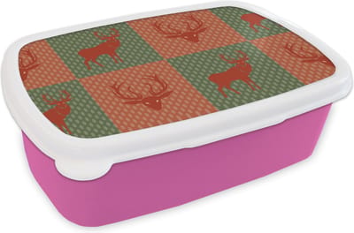 Broodtrommel Roze - Lunchbox - Brooddoos - Patroon - Hert - Groen - Rood - 18x12x6 cm - Kinderen - Meisje