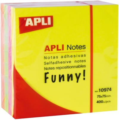 Apli – Cube Block zelfklevende notities 75 x 75 mm 400 vellen geel roze groen en oranje glanzend
