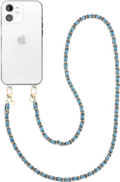 xoxo Wildhearts siliconen hoesje geschikt voor iPhone 12 - Classic Chain - Denim (lang koord) - Telefoonhoesje - Hoesje met koord - Schakelketting - Lang telefoonkoord - Denim blauw met goud - Transparant hoesje