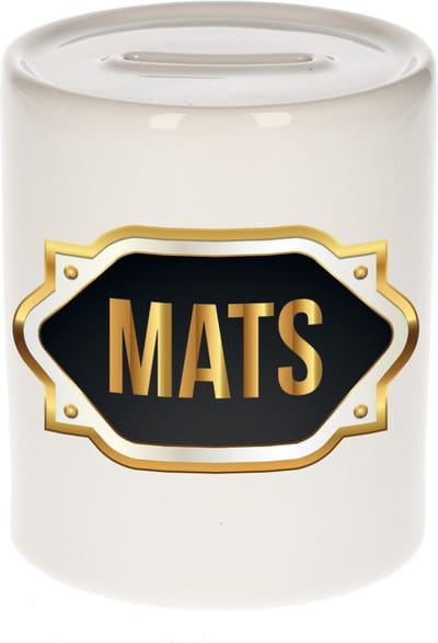 Spaarpot met voornaam Mats - wit - met goud/zwart embleem - 8 x 9 cm - keramiek - met afsluitdop - cadeau verjaardag