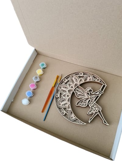 Verfset - Elfje op schommel aan de maan 5 laagste hout incl kwasten en verf [verjaardag kind] - [kinderfeestje] - [knutselen met kinderen] - [cadeautje kind] - [creatief]