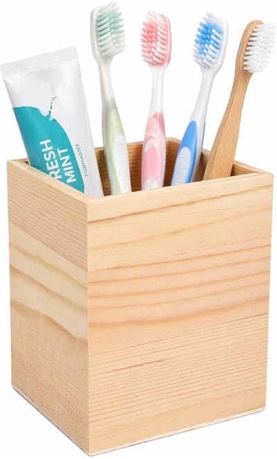 Excellent Houseware Tandenborstel houder - hout - 8 x 8 x 10 cm - vierkant - badkamer organizer
