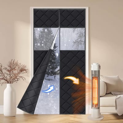 Qelus Warmtewerend Deurgordijn met Magnetische Sluiting - Dubbele deuren - Gewatteerd, Zelfklevend Gordijnen met Transparant Raam - Energiebesparend, Tochtwerend voor Huis en Woondecoratie (Zwart)