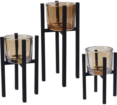 Home & Styling Theelichthouders - set 3x stuks - zwart - metaal/glas - Waxinelichthouders / theelichthouders