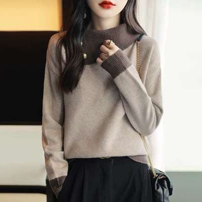 Pull Tricot à Col Haut Épais Pull d'Extérieur Ample pour Femme 2XL chameau