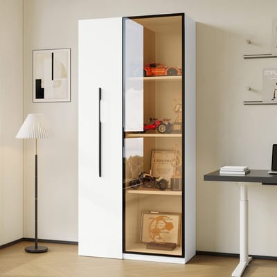 DESMIU Vitrinekast En Boekenkast - Uitschuifbaar Opbergdesign Met Ledverlichting - Voor Woonkamer Keuken En Kantoor - MDF En Gehard Glas - 70x40x160 Cm - Wit