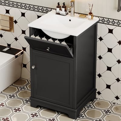 STILVORA Wastafelmeubel - Gelakte Kast Met Lade En Verstelbare Plank - Voor Badkamer - MDF En Keramiek - 51x46x87 Cm - Zwart